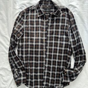 Banana Republic Button Shirt Black White Gold Plaid Men's Small Untucked Fit